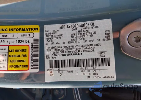 2021 Ford Bronco Sport Big Bend из США, поврежденный, VIN 3FMCR9B66MRA02474